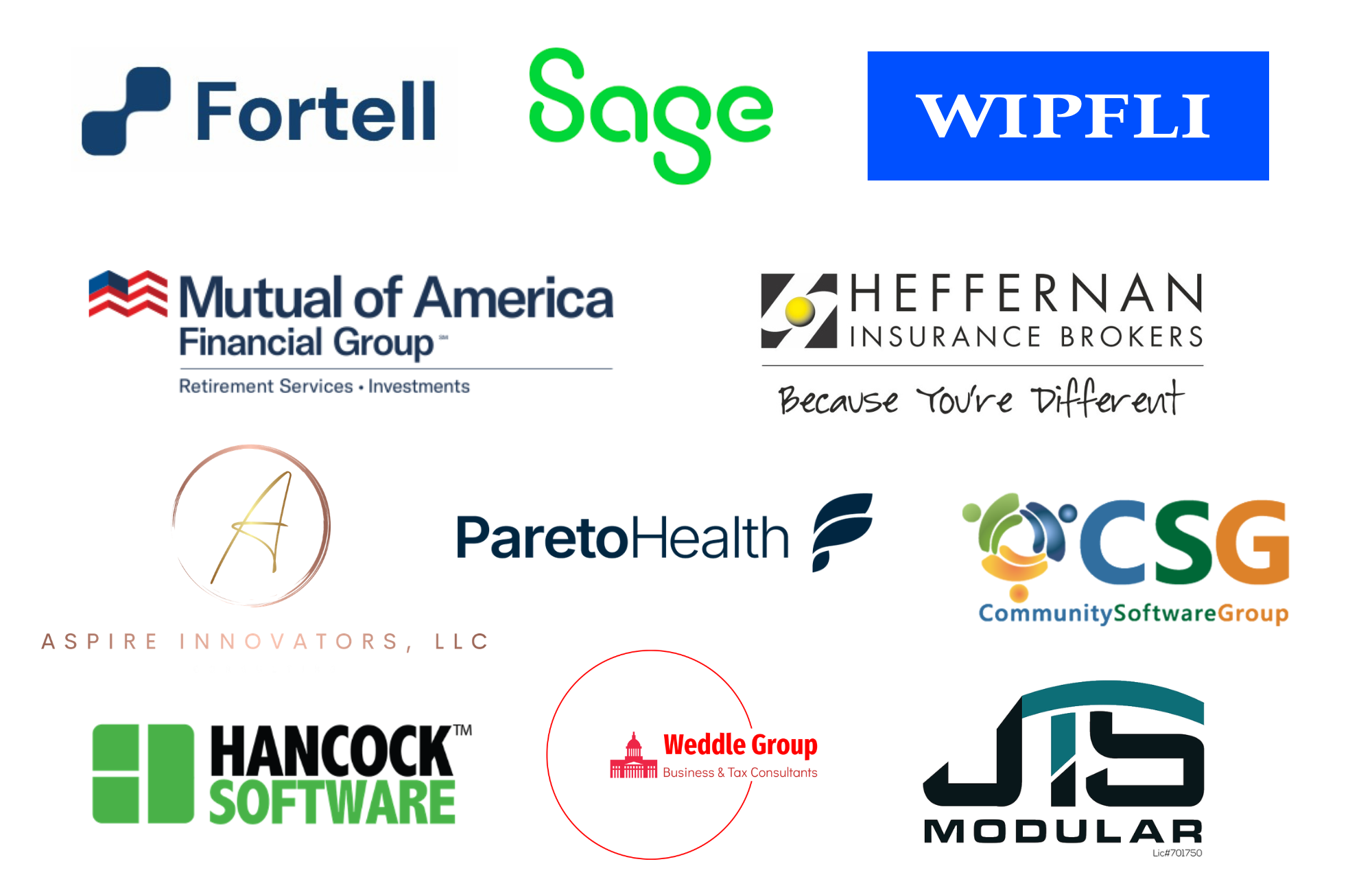 Logos for Fortell.AI, Sage, Wipfli, Mutual of America, Heffernan, Aspire, Pareto Health, Hancock Software, The Weddle Group, JTS Modular, and Community Software Group
